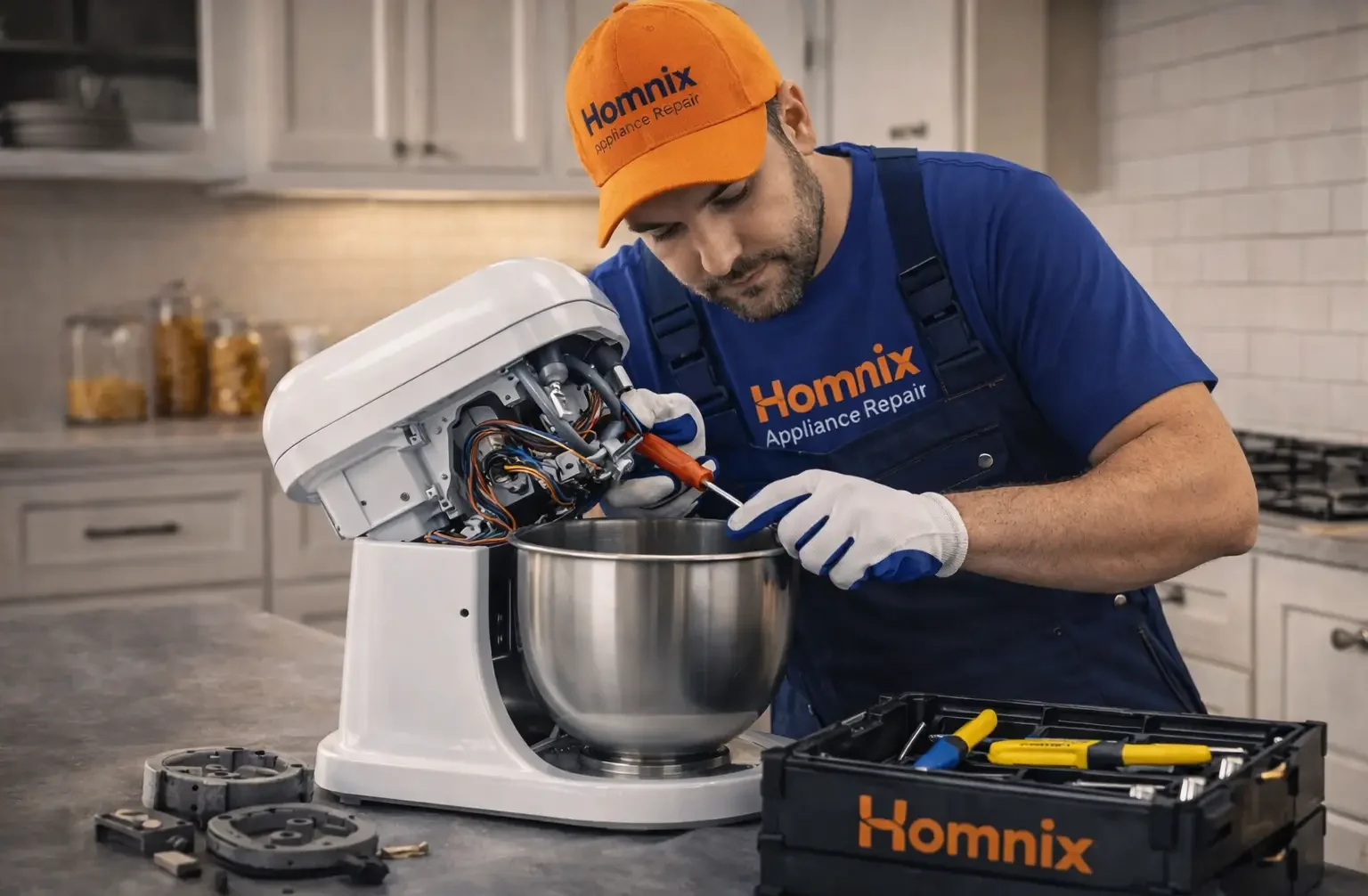 Fast Stand Mixer Repair in Moncton | Homnix Call Now Homnix technician repairing stand mixer e1776675532279
